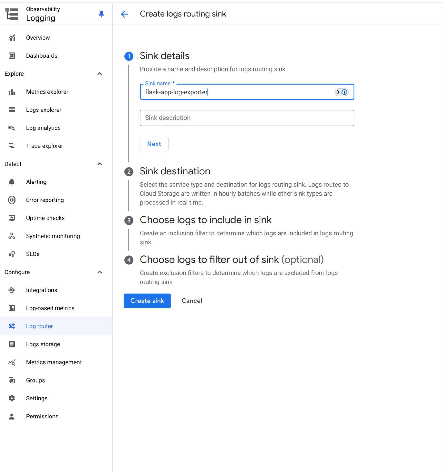 The GCP Cloud Logging interface showing the configuration of a log export sink. The GCP Cloud Logging interface showing the configuration of a log export sink.