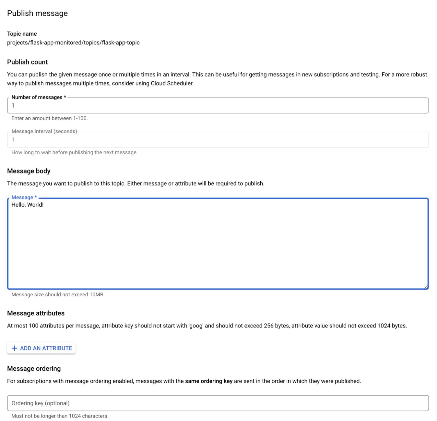 The GCP Pub/Sub UI for publishing messages to a topic.
