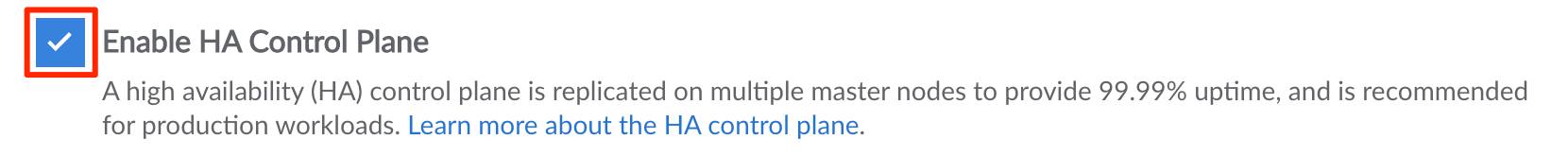 Screenshot of the Enable HA toggle during cluster creation Screenshot of the Enable HA toggle during cluster creation
